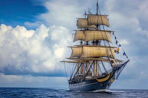 A majestic sailing ship navigating through calm waters. photo
