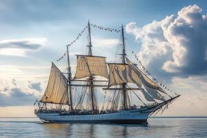 A majestic sailing ship gliding through calm waters. photo