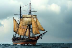 A majestic sailing ship navigating turbulent waters. photo