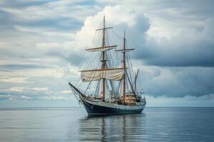 A majestic sailing ship on calm waters under cloudy skies. photo