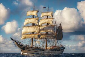 A majestic sailing ship with billowing sails on the sea. photo