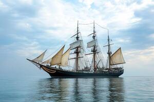 A majestic sailing ship on calm waters under cloudy skies. photo