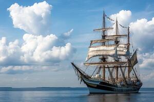 A majestic sailing ship on calm waters under a blue sky. photo
