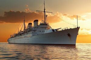 A majestic ship anchored at sunset on calm waters. photo