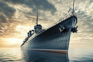 A majestic ship anchored in calm waters at sunset. photo