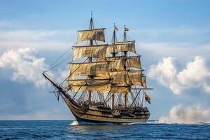 A majestic sailing ship with billowing sails on the ocean. photo