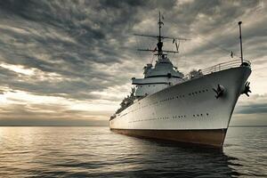 A majestic ship anchored in calm waters under a cloudy sky. photo