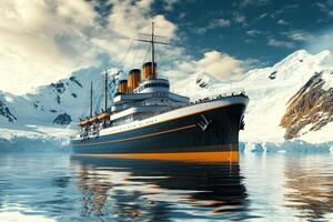 A majestic ship navigating icy waters surrounded by mountains. photo