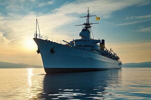 A majestic ship sailing at sunset on calm waters. photo