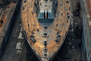 Aerial view of a weathered ship in a dry dock. photo