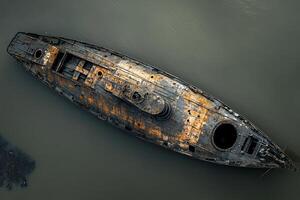 Aerial view of a rusted shipwreck in murky water. photo