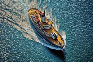 Aerial view of a tugboat navigating through water. photo