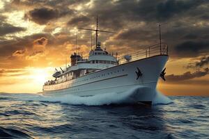A majestic ship navigating through ocean waves at sunset. photo