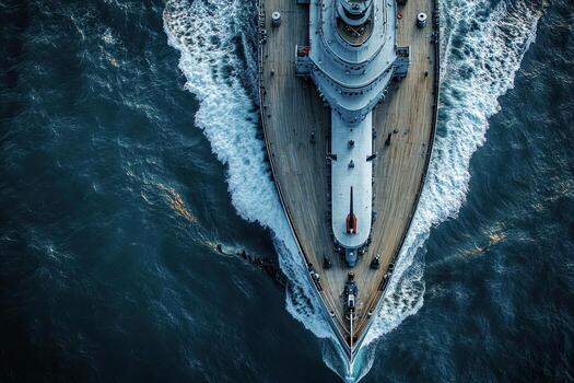 Aerial view of a ship navigating through water. photo