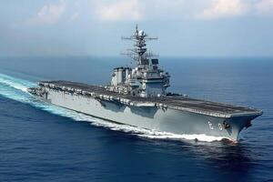 Aerial view of a naval aircraft carrier at sea. photo