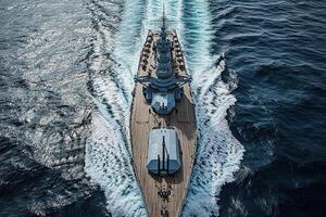 Aerial view of a naval ship navigating through ocean waves. photo