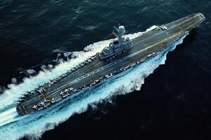 Aerial view of a naval aircraft carrier at sea. photo