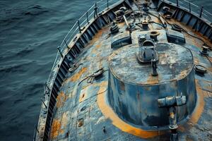 Aerial view of a rusty ship's bow on calm water. photo
