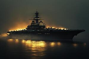 Majestic battleship illuminated by a golden glow at dusk. photo