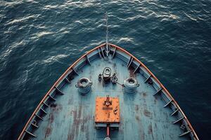 Aerial view of a ship's bow on calm water. photo