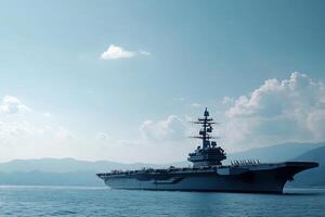 Aircraft carrier sailing in calm waters under a blue sky. photo
