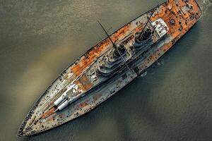 Aerial view of a rusting battleship in water. photo