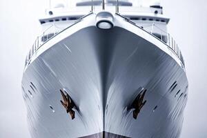 Front view of a sleek yacht in a serene environment. photo