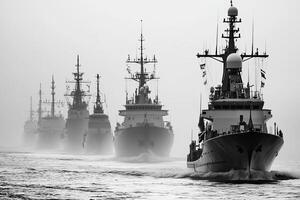 Fleet of naval ships navigating through foggy waters. photo