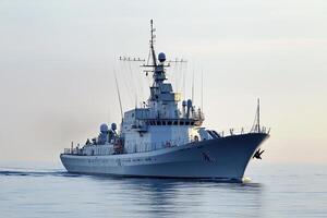 Naval ship navigating calm waters at dawn. photo