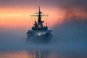 Ship emerging from fog at sunrise. photo