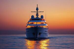 Luxury yacht sailing at sunset on calm waters. photo