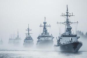 Naval ships navigating through foggy waters. photo