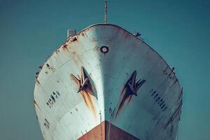 Rusty ship bow against a clear sky. photo