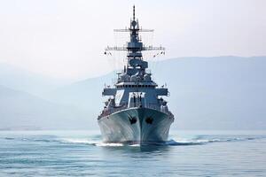 Naval ship navigating through calm waters. photo