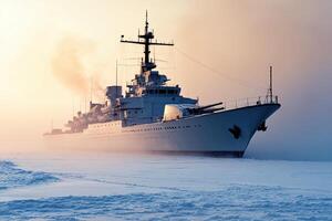 Icebreaker ship navigating through a snowy landscape. photo