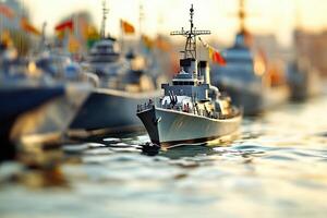 Miniature naval ships on water with a blurred background. photo