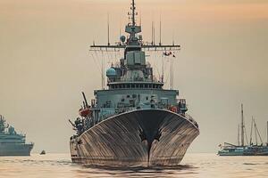 Naval ship navigating calm waters at sunset. photo