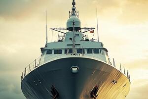 Front view of a naval ship under a cloudy sky. photo