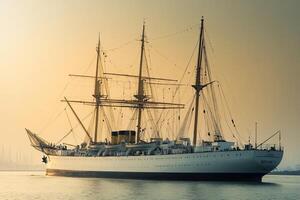 Historic sailing ship at sunset on calm waters. photo