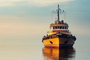Tugboat on calm waters during sunrise. photo