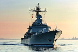 Naval ship navigating through calm waters at sunrise. photo