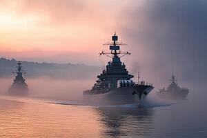 Warships navigating through foggy waters at dawn. photo
