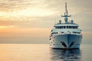Luxury yacht anchored in calm waters at sunset. photo