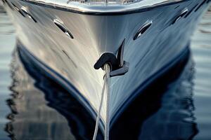 Close-up of a boat's bow tied with a rope. photo