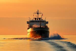 Ship navigating through calm waters at sunset. photo