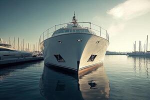 Luxury yacht docked in calm waters at sunset. photo