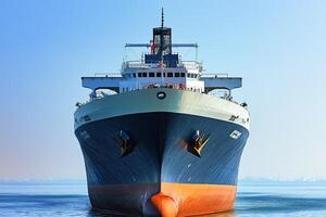 Large cargo ship navigating calm waters under clear sky. photo