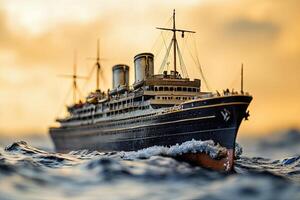 Model ship sailing through waves at sunset. photo