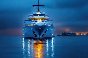 Luxury yacht illuminated at dusk on calm waters. photo