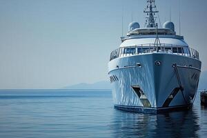 Luxury yacht anchored in calm waters with distant hills. photo